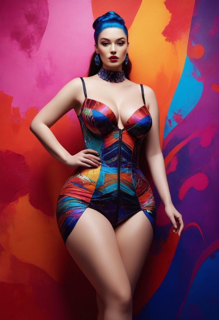 A bold and sensual fashion scene featuring curvy mannequins adorned in stylish, erotic attires that celebrate body confidence. The background showcases an artful blend of bold colors and textures, with soft lighting highlighting the garments' intricate details. Include abstract shapes symbolizing desire and passion hovering around the figures. The mood should feel empowering and artistic. vibrant colors. super-realistic.